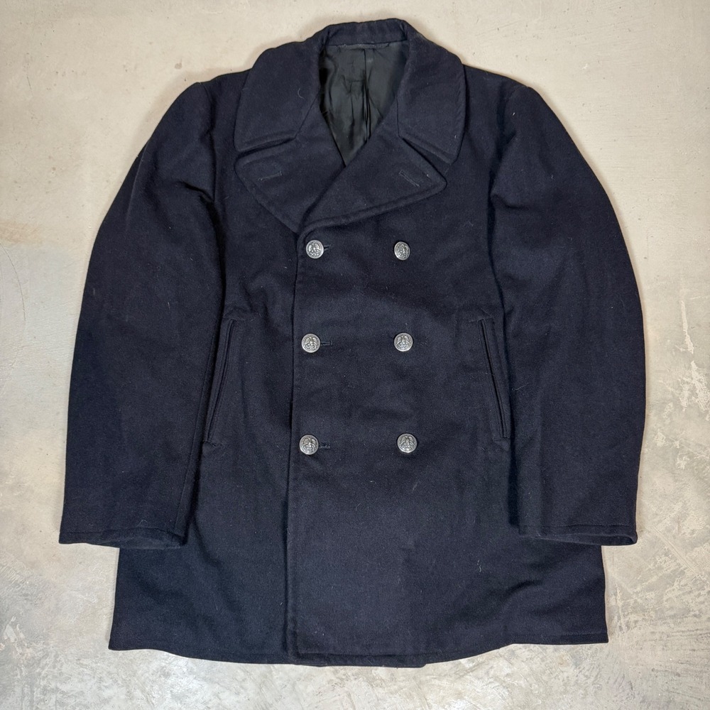 Vintage 70s US Navy Wool Double Breasted Pea Coat 42R Navy Blue Military Vietnam